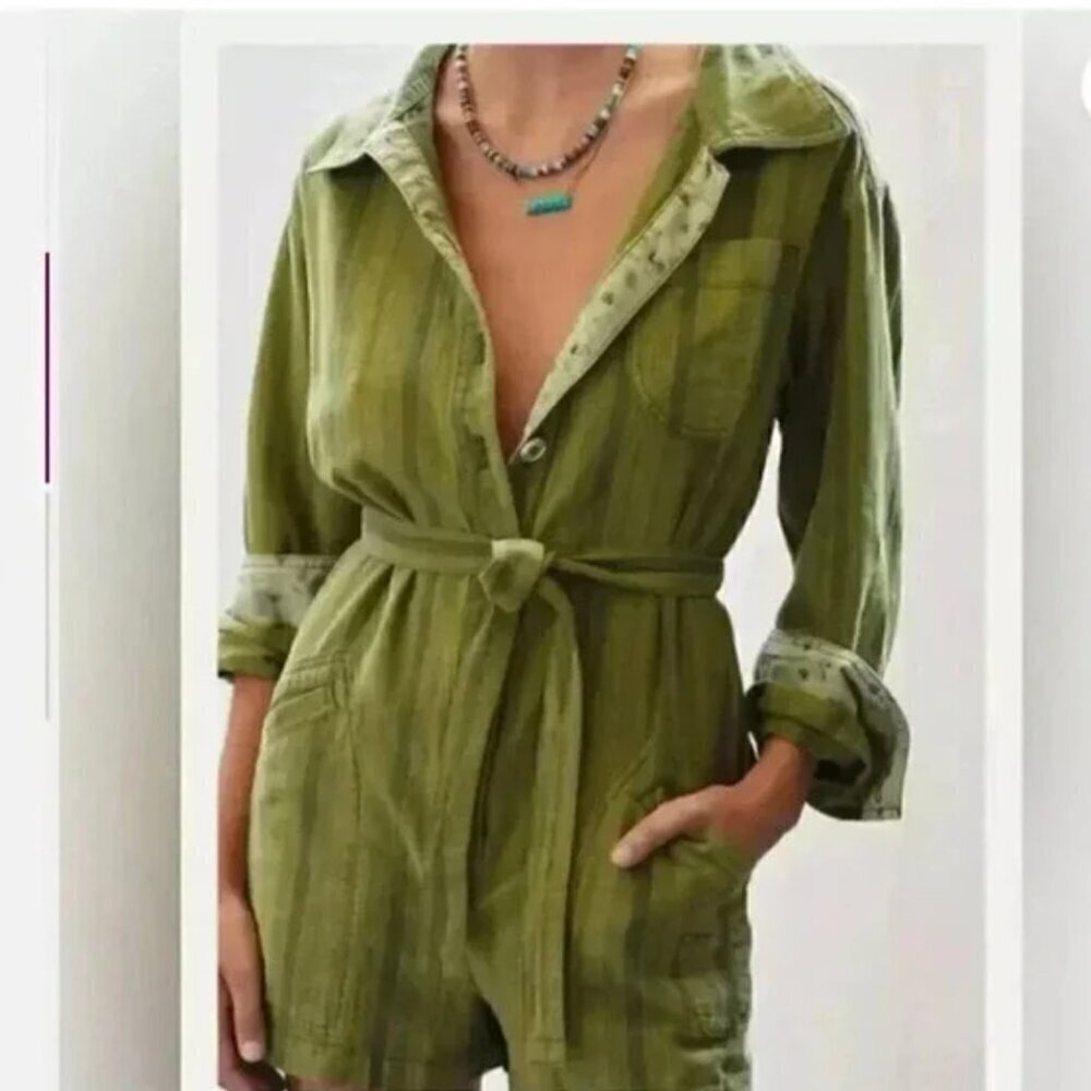 Pilcro Linen Belted Romper Jumpsuit Moss Green Stripe Size XXS NWT Anthropologie